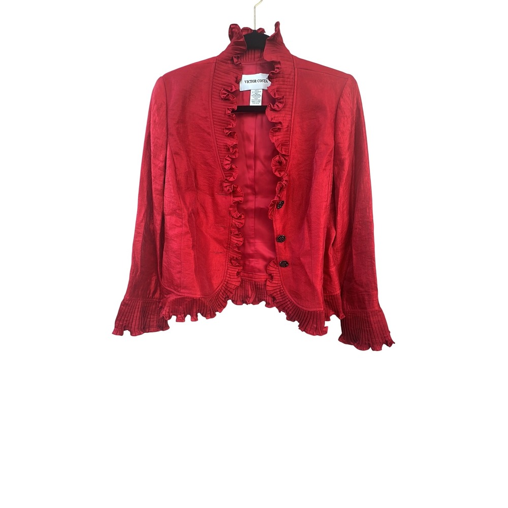 Victor Costa Red‎ Ruffle Trimmed Jacket Embellished Button Formal Blazer